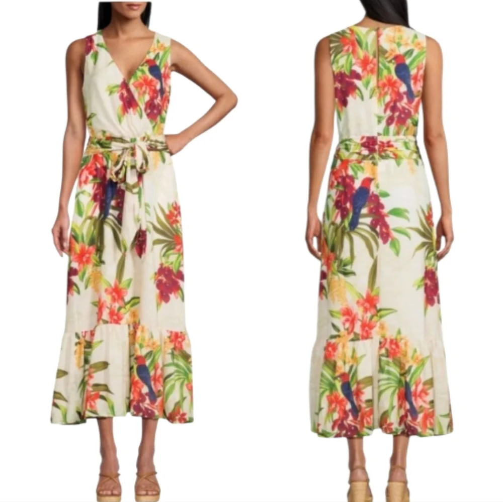 Tommy Bahama Tropical  Nwot V Neck Ruffle Hem Sleeveless Resortwear Mididress